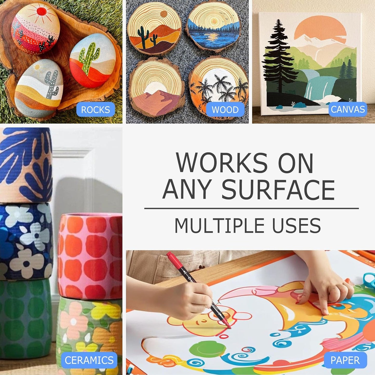 Overseas Black Acrylic Paint Markers, 2 Pack Dual Tip Paint Pens Acrylic Markers with Dot and Brush Tip, Coloring Marker for Wood, Rock, Canvas, Glass, Metal, Ceramic, Plastic, Fabric, School Supplies