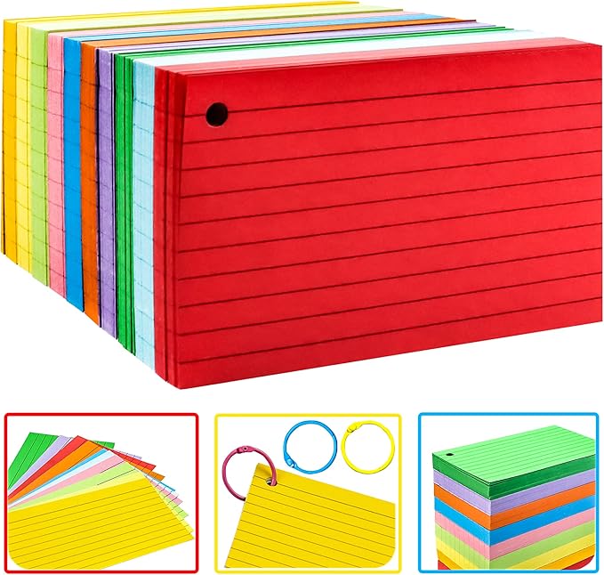 MotBach 600 Pieces Index Cards Flash Cards with Colorful Binder Rings,3" x 5", 10 Color Assorted Color Ruled Punched Memo Note Cards Lined Studying Record To Do List for Home School Office Supplies
