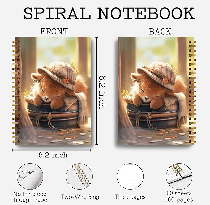 Cute Highland Cow Notebook - Western Cow Notebook, Highland Cow Office Supplies, Highland Cow Gifts, Cow Lover Gifts, Cute Cow Stuff, Funny Sleeping Highland Cow Spiral Notebook 5.5x8.3