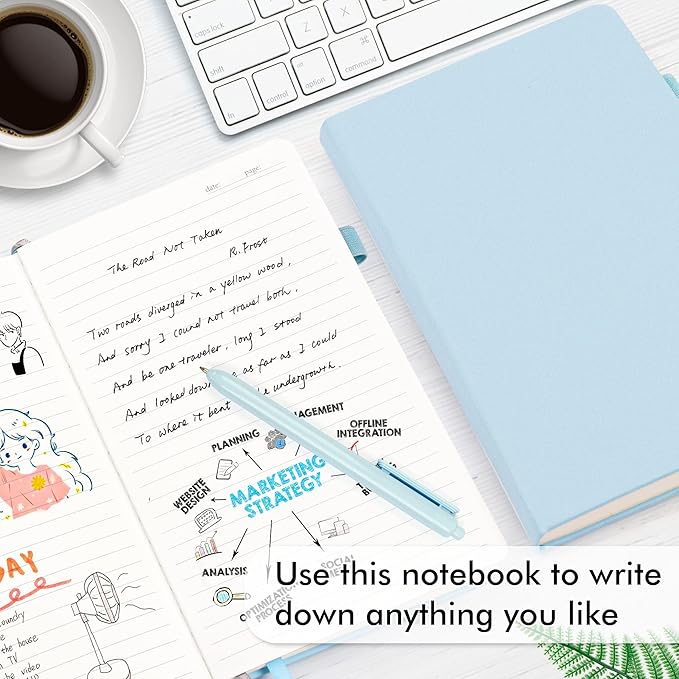 feela 12 Pack Notebooks Journals Bulk, Hardcover Notebook Classic Ruled Lined Journals with Pen Holder for Women Girls School Business Supplies, with 12 Black Pens, 120 GSM, 5.1”x8.3”, A5, Light Blue