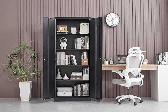 Metal Storage Cabinet with Adjustable Shelves, Garage Cabinet with 2 Lockable Doors, Garage Storage Cabinet, Kitchen Pantry Cabinet - 71'H, Black