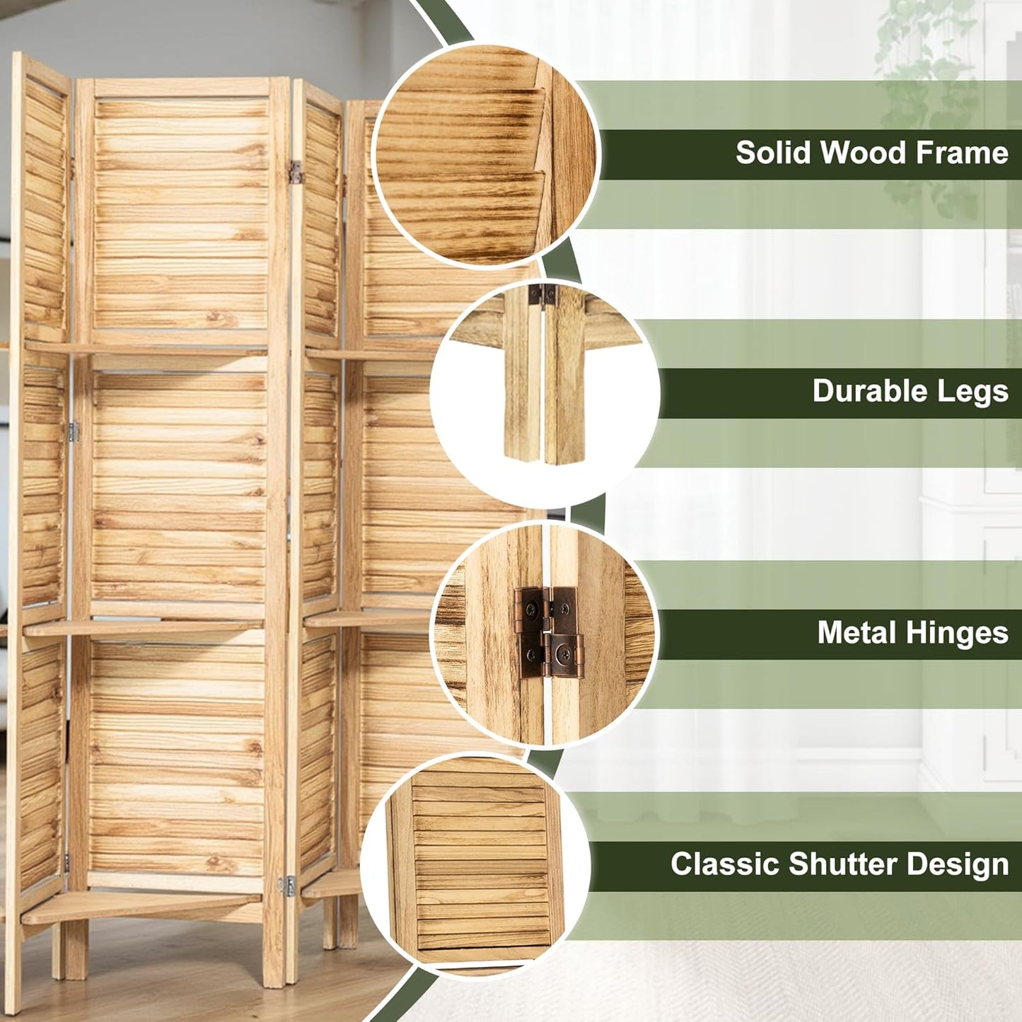 NicBex 4 Panel Room Divider,5.6FT Wood Carved Room Dividers with Display Shelves Folding Privacy Screens Portable Freestanding Partition Wall Dividers for Room Separation, Bedroom Office,Natural Wood