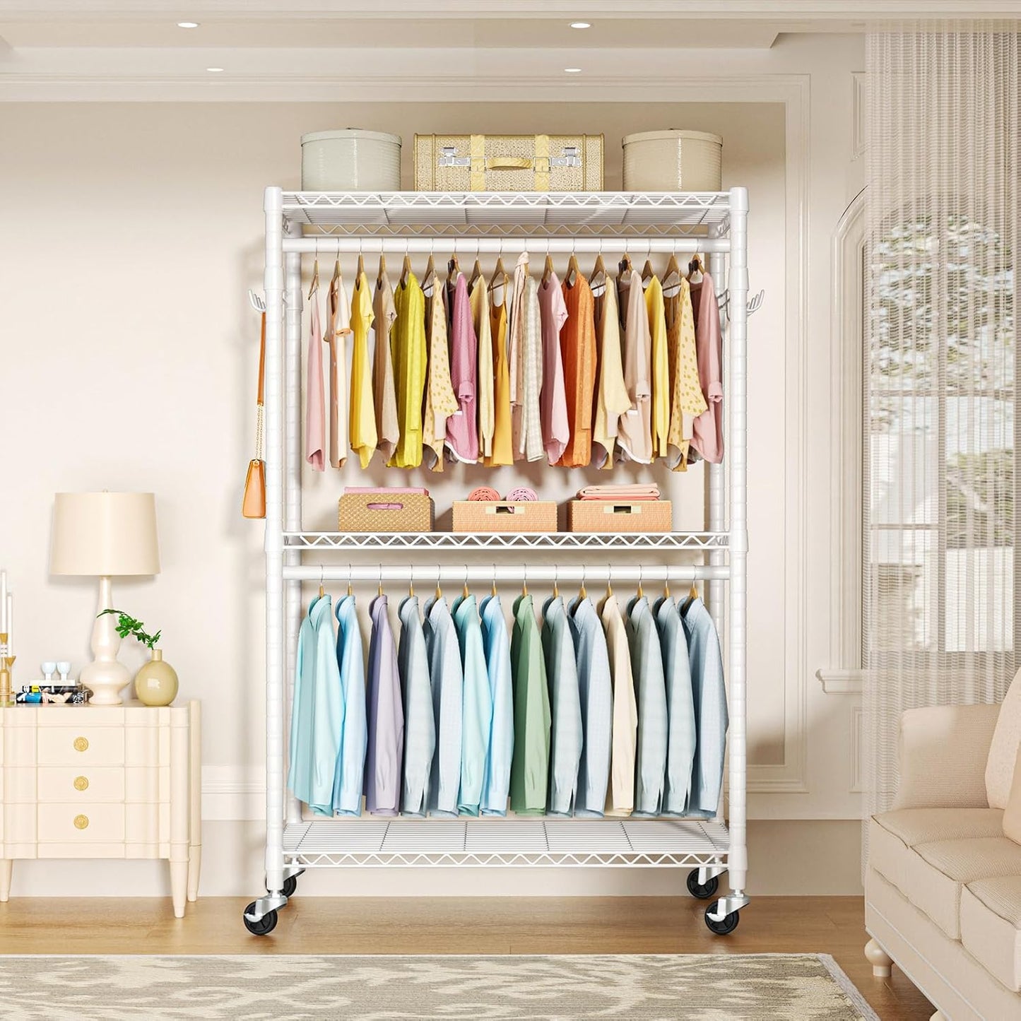 P1 Plus Rolling Clothes Rack, 22mm Diameter Heavy Duty Garment Rack with Wheels, Portable Closet Wardrobe with Double Rods, 45" W x 17.7" D x 80.5" H, Max Load 524 LBS, White