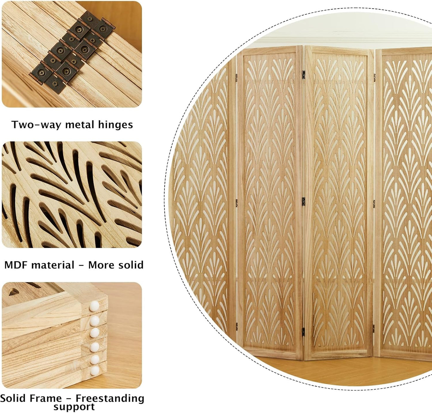 5.6Ft Room Divider Folding Wood Simple Carved Partition Screen for Home Office Garden - 6 Panels (Natural)