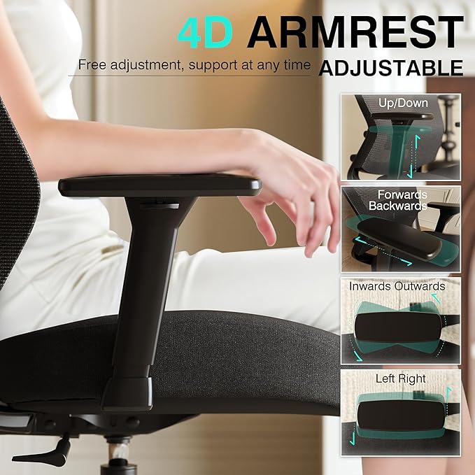 T96C Ergonomic Home Office Chair, Mesh Computer Desk Chair with 4D Armrests, Adjustable Lumbar Support,Tilt Function, Executive Rolling Swivel Task Chair for Long Hours (Black - Upholstered Seat)