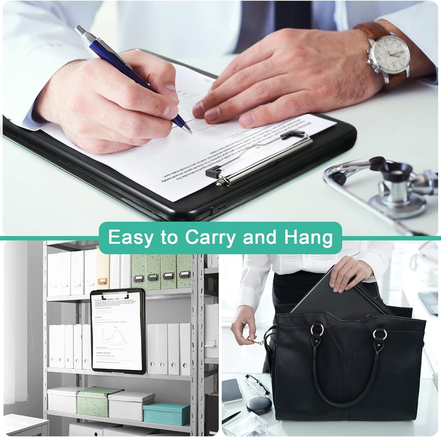 10 Pieces Clipboard with Storage Plastic Storage Clipboard Nursing Clip Board Foldable Clip Board with Low Profile Clip for Home Office School, Size 9.5 x 13.5 Inch (Black)