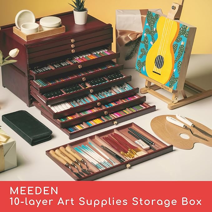 MEEDEN 10-drawer Wood Artist Supply Storage Box, Portable Beechwood Multifunctional Pencil Brush Organizer Wood Box with Drawer&Compartments for Pastels, Pencils, Pens, Makeup Brushes(Mahogany Color)