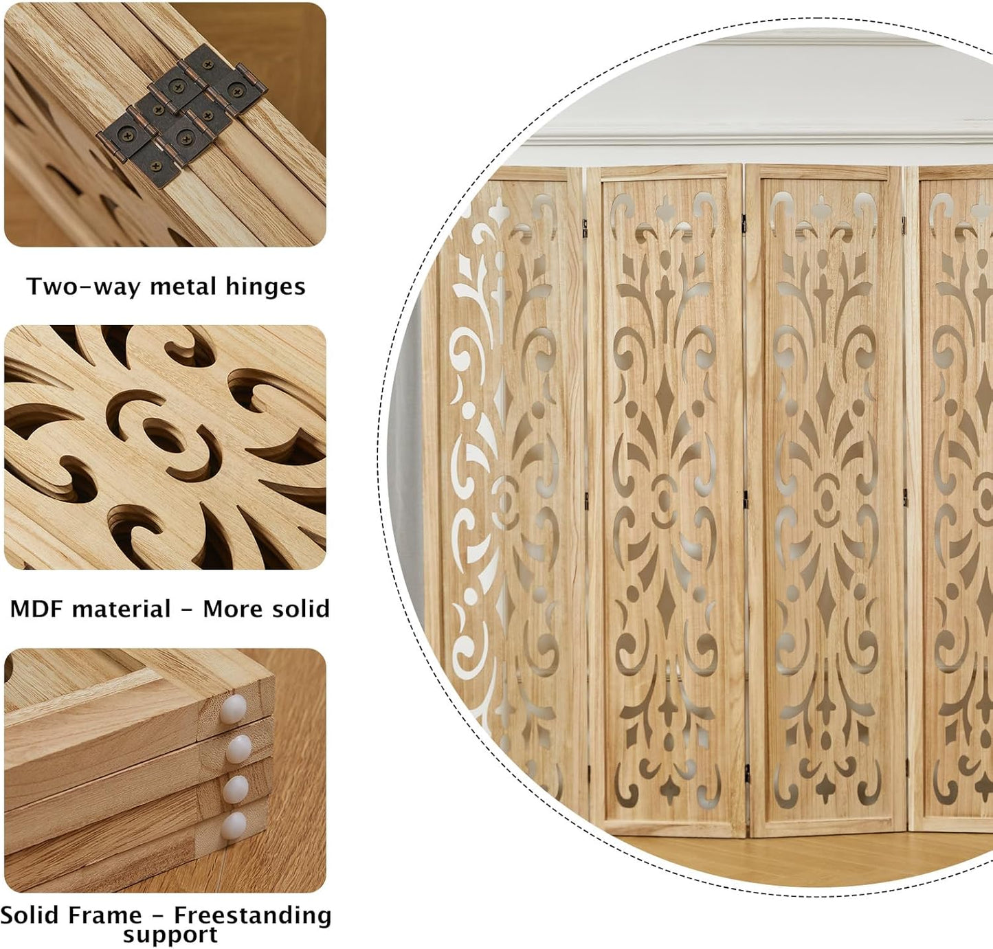 5.6Ft Room Divider Folding Wood Classical Carved Partition Screen for Home Office Garden - 4 Panels (Natural)