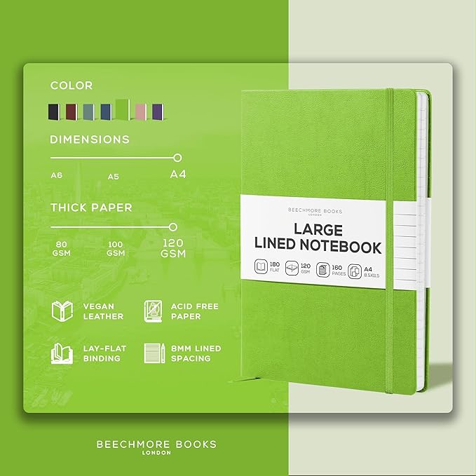 BEECHMORE BOOKS Lined Journal Notebook, 8.5 x 11.5 inch, A4 160 Lined Pages, Hardcover Leather Journals for Women, Men, Writing and Notebooks for Work - 120 GSM Thick Paper, Gifts Box Included