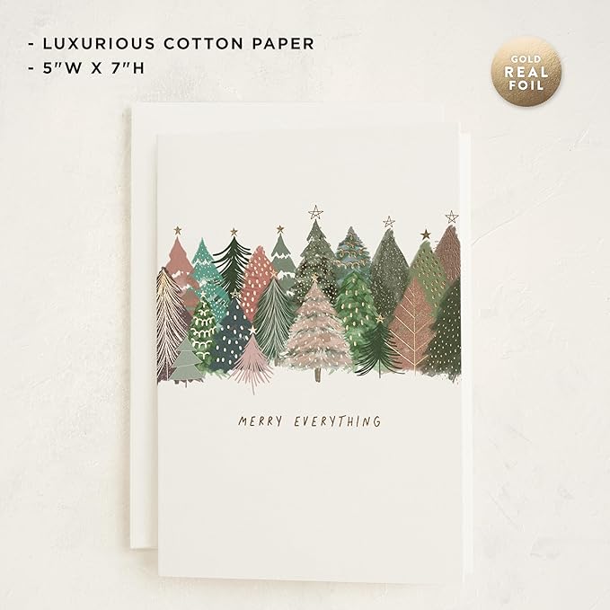 Minted Merry Everything Holiday Cards, 8 Cards with Envelopes, Folded 5x7 Christmas Card with Colorful Hand-Illustrated Christmas Trees, Gold Foil-Pressed, Luxurious Paper, Interior Message Included