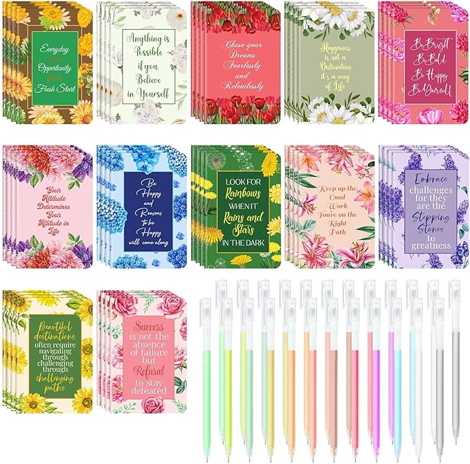 48 Pcs Mini Inspirational Notebooks Bulk with 48 Pcs Colorful Pens, Small Pocket Journal Notepads Set, Motivational Bulk Gifts for Women Men Teacher Student Kids,Fun School Office Supplies,3.5"x5.5"
