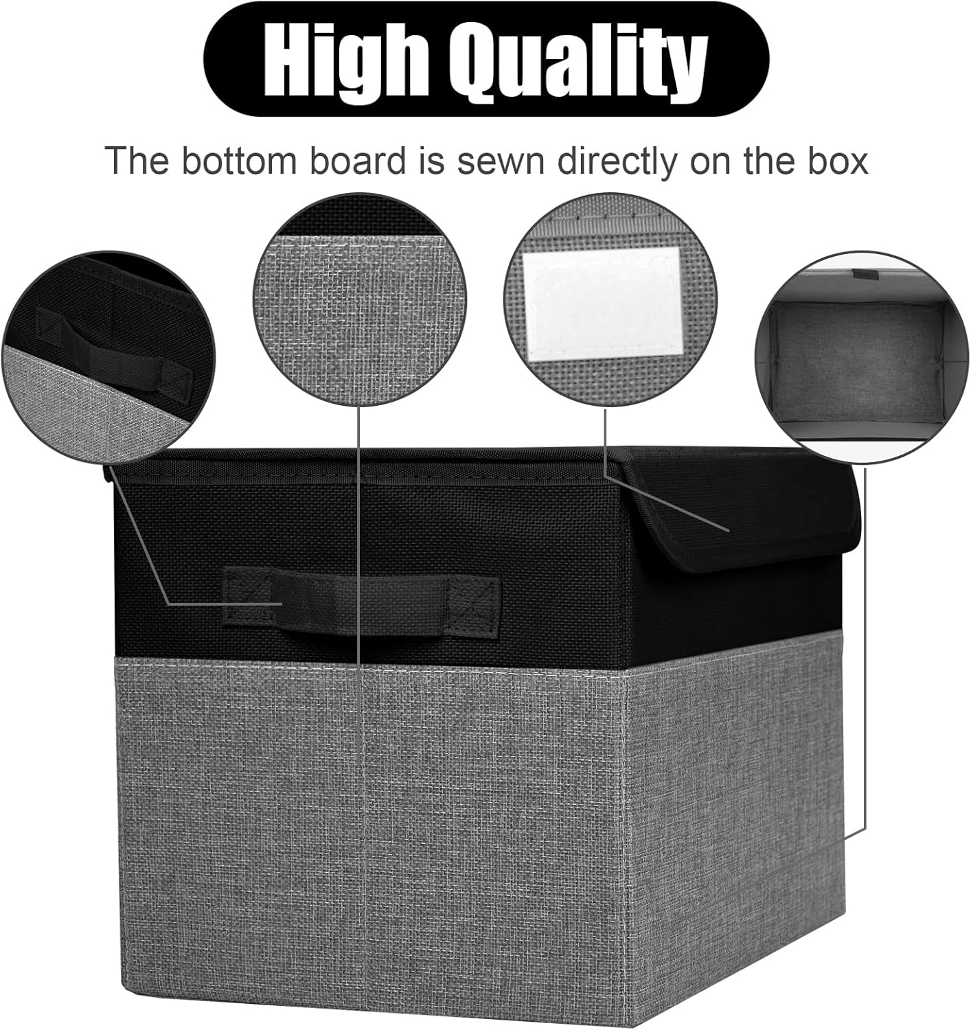 Large 22 Quart Linen Fabric Foldable Storage Bin Cube Organizer Basket with Flip-Top Lid & Handles, Clothes Blanket Box for Home, Office, Closet, Black & Gray, 4 Pack 14.6 x 9.5 x 9.5