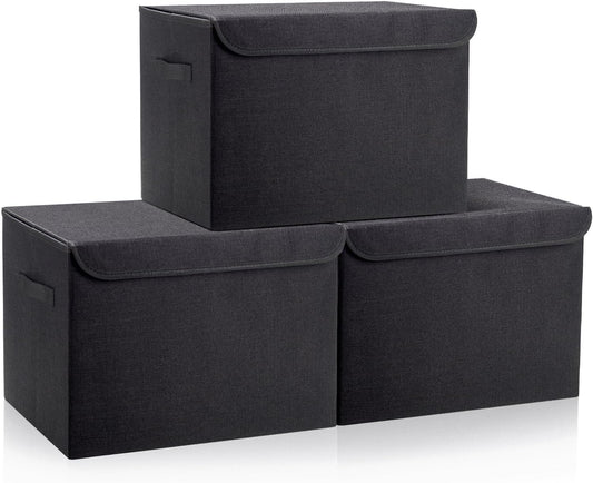 Large 17" 42 Quarts Collapsible Stackable Storage Bins with Lids [3-Pack] Foldable Fabric Linen Storage Boxes Cube, Closet Organizer Baskets with Label (16.7 x 12 x 12", Black)