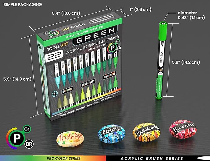 22 Flexible Brush Tip Acrylic Paint Pens Markers Set 1-7mm Line for Rock Painting, Brush Lettering, Glass, Mugs, Wood, Metal, Canvas, Fabric, Plastic. Non Toxic Waterbased Quick Drying Assorted Green
