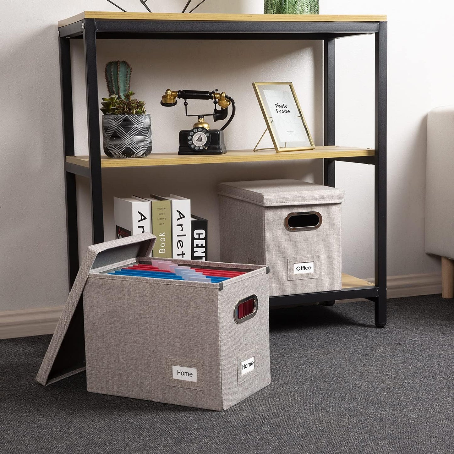 PRANDOM File Organizer Box - Set of 2 Collapsible Decorative Linen Filing Storage Hanging File Folders with Lids Office Cabinet Letter Size Light Grey (14x9.3x10.8 inch)