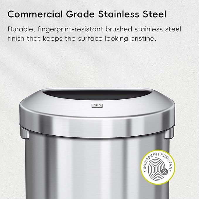 EKO Urban 16 Gallon Semi-Round Open Top Waste Bin, Stainless Steel Half Round Commercial Trash Can for Indoor and Outdoor, Extra Large Metal Garbage Bin for Home, Office, Restaurant, Restroom, 60L