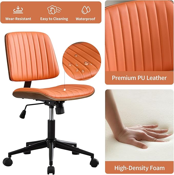 Small Home Office Chair - Armless Mid Back Desk Chair with 360° Swivel and Wheels, PU Upholstered Height Adjustable Modern Walnut Computer Chair for Home, Office Meeting Room - Orange
