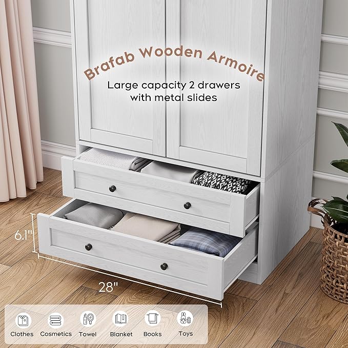 Brafab Armoire Wardrobe Closet with 2 Modern Doors, 71" Tall Freestanding Closet Wardrobe Cabinet with Drawers and Hanging Rail, Light Wooden Storage Cabinet with Shelve for Bedroom (White, 2 Doors)