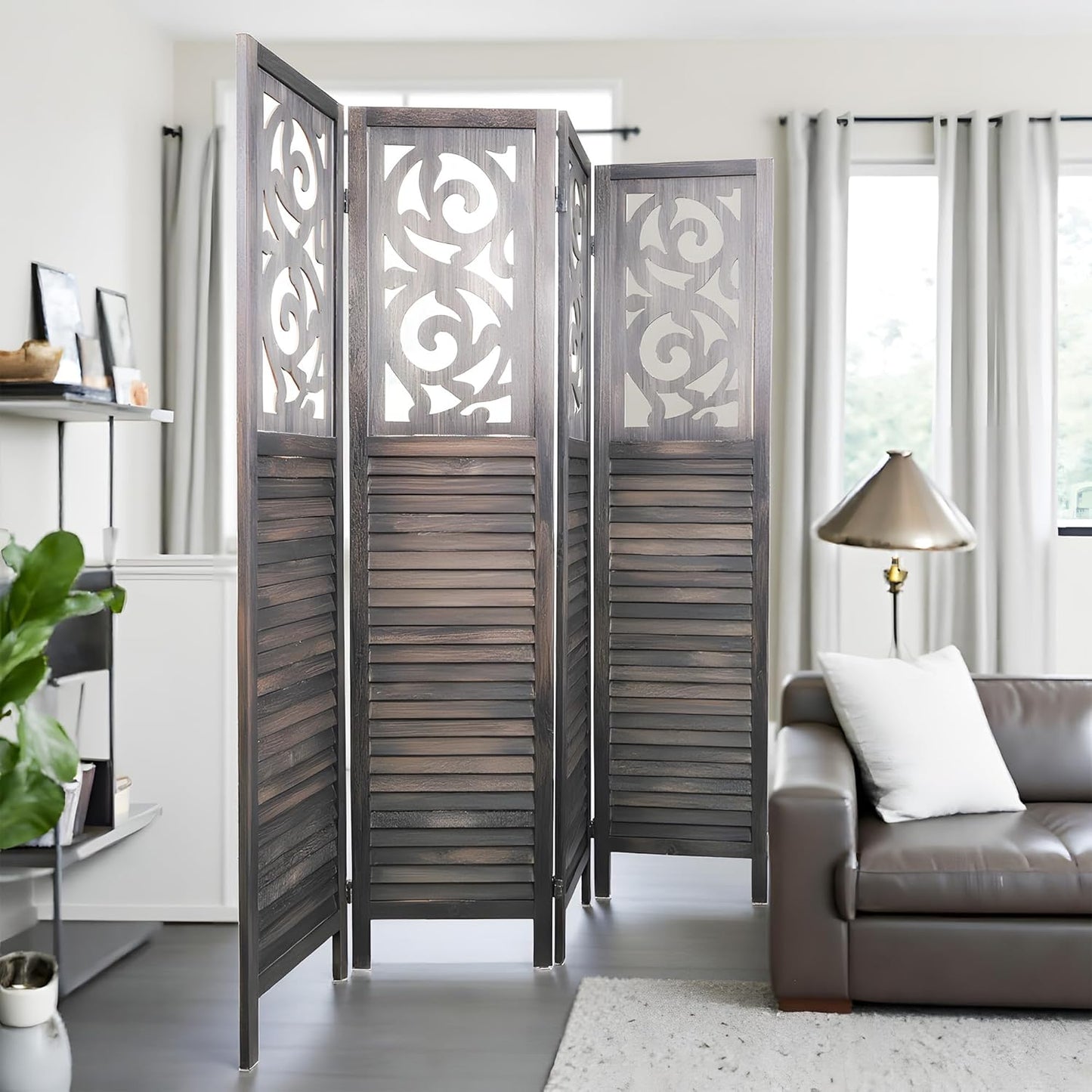 Room Divider, 5.6FT Folding Room Divider Panel, 4 Panel Craved Wood Partition Wall Divider for Room Separation, Rustic Brown