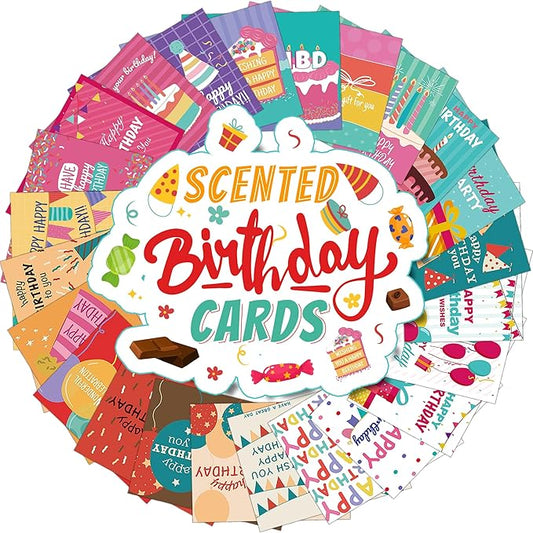 24 Pack Scented Birthday Cards with Envelopes & Stickers, 4x6 Inch Bulk Scratch and Sniff Greeting Cards, Happy Birthday Notes for Family, Kids, Friends, Parties and Office Celebrations