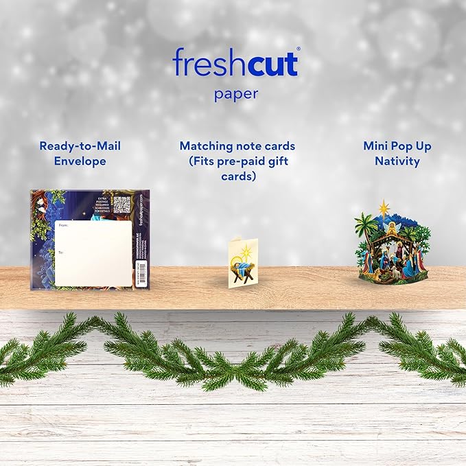 Freshcut Paper Pop Up Cards, Mini Starlit Nativity, 6 Inch Mini Sized 3D Popup Greeting Card and Paper Nativity Scene, Christmas Cards, Holiday Card, Blank Notecard & Envelope