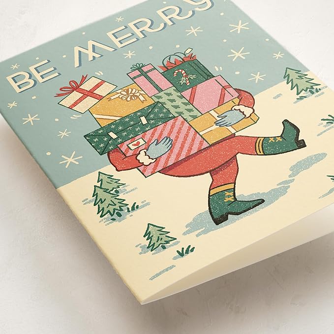Minted Be Merry Holiday Cards, 8 Cards with Envelopes, Folded 5x7 Christmas Card with Santa Carrying Gift Boxes Illustration, Retro-Inspired Classic Christmas Design, Luxurious Paper, Blank Inside
