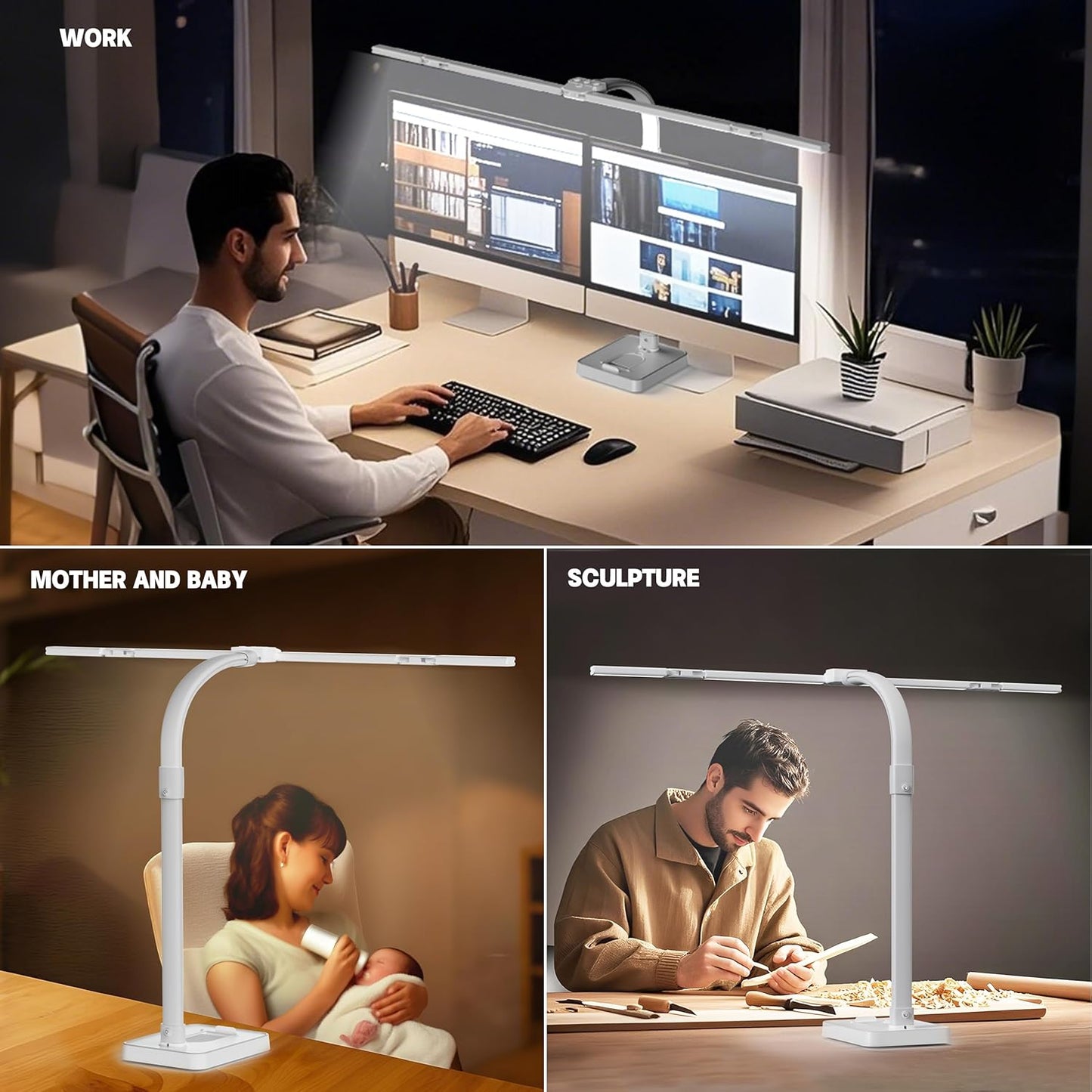 LED Desk Lamp for Home Office - 24W Bright Double Head Desk Light with Clamp Eye Caring Architect Task Light 25 Lighting Modes Adjustable Flexible Gooseneck Lamp (All White)