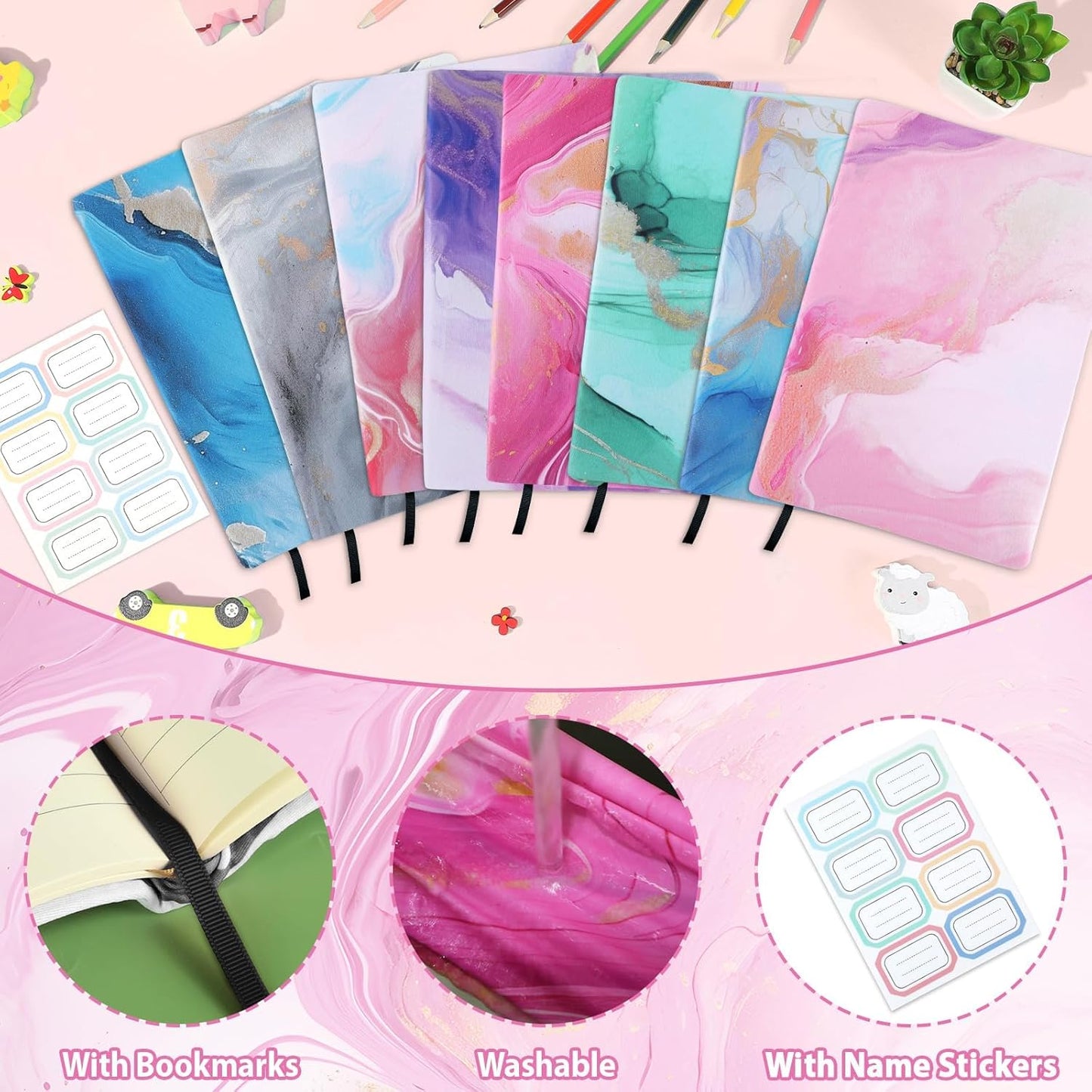 Jumbo Stretchable Book Covers 8PCS Reusable Fabric Book Cover with Label 9x11in Marble Print Protective Sleeve for Hardcover Books Textbook Cover for School Fits Most Book Sizes Up to 10x12.5in