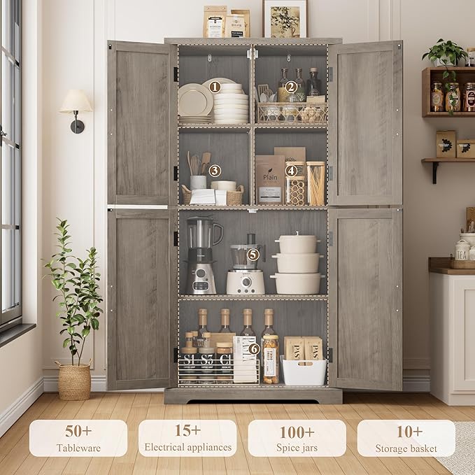 HOSTACK 64" Tall Pantry Cabinet, Modern Farmhouse Kitchen Pantry, Wood Bathroom Storage Cabinet, Large Bookcase, 4 Doors|Adjustable Shelves, for Dining Room, Living Room, Home Office, Ash Grey