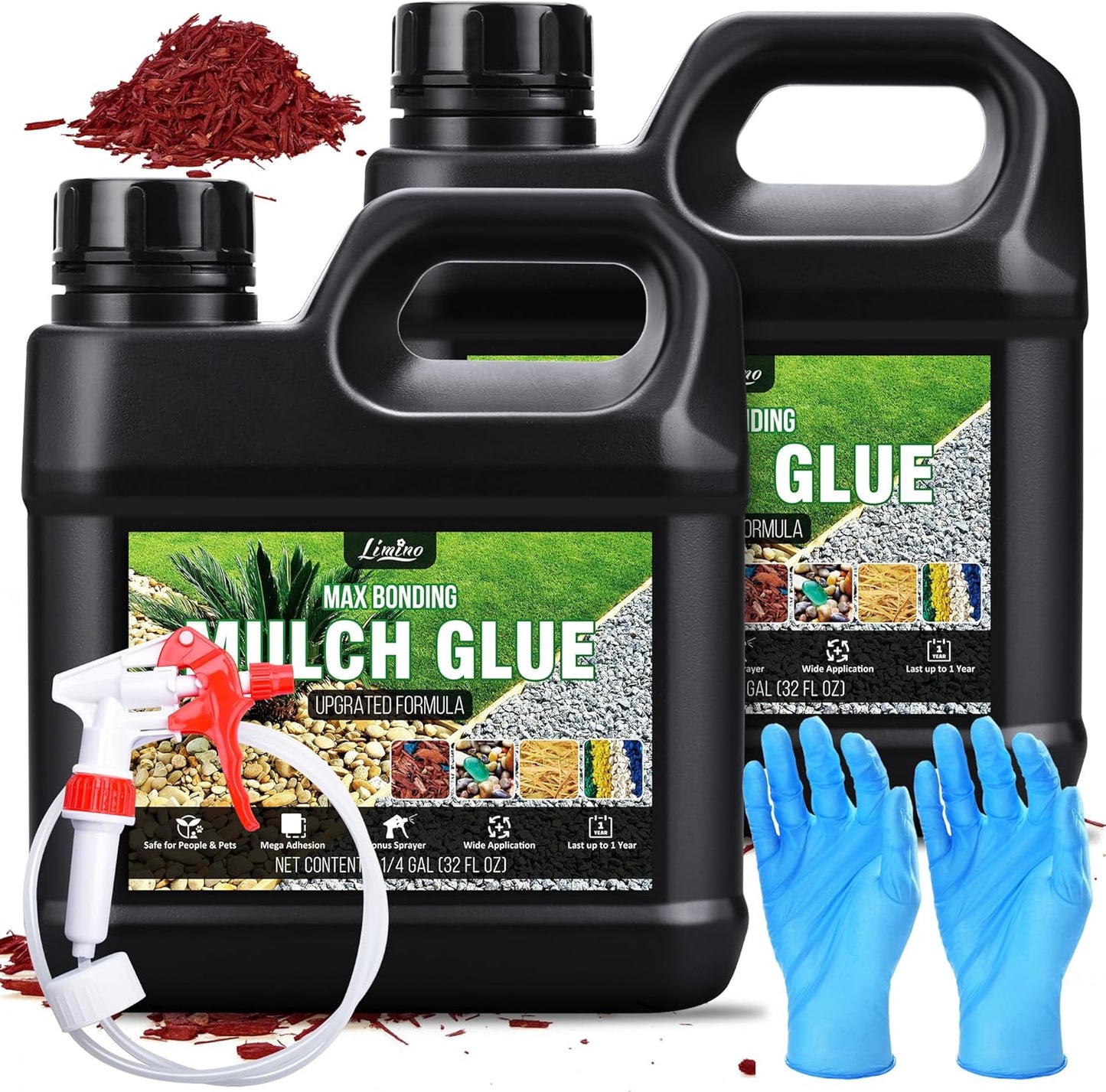 Mulch Glue - 64oz Concentrate Gravel Glue Strong Landscape Adhesive with Applicator for Landscaping, Garden - Safe Ready to Use Mulch Lock Gravel Stabilizer Glue for Pea Gravel, Rock, Leaf, Bark