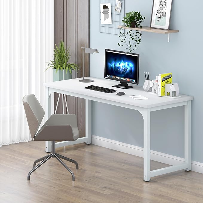 NSdirect Large Office Desk for Home Office, Large 63” Computer Desk Table, Wide Writing Study Desk for 2 Person, Metal Sturdy Frame Thicker Steel Legs,Warm White
