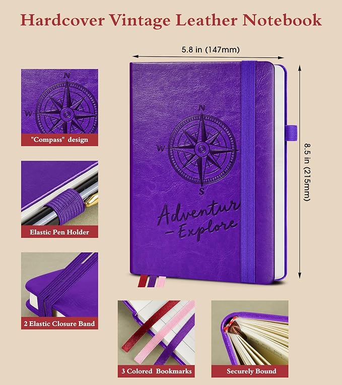 Lined Journal Notebook for Men Women, 160 Pages Ruled Paper, Inner Pocket, A5 Hardcover Vintage Leather Notebooks for Work, School, Travel Journaling, Daily Diary, Notepad 5.8" x 8.5" (Purple)