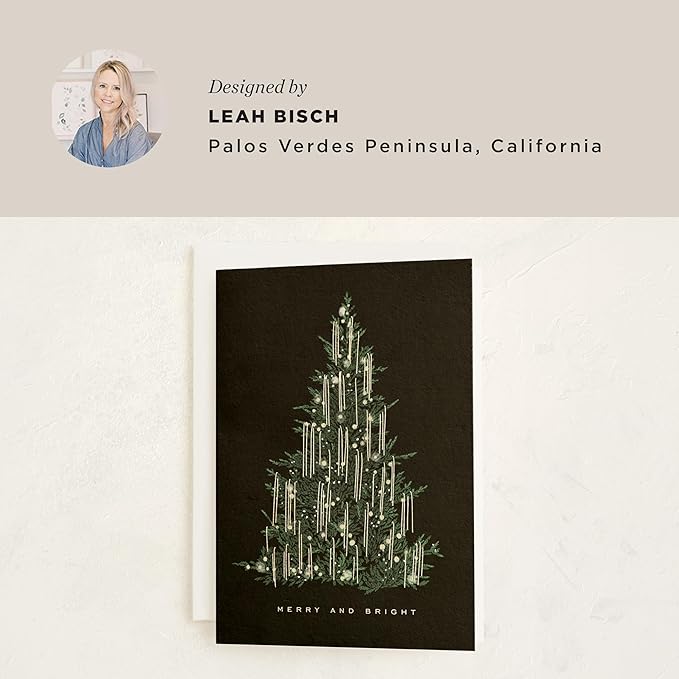 Minted Tinsel Tree Christmas Cards, 8 Cards with Envelopes, Folded 5x7 Holiday Card with Elegant Christmas Tree, Hanging Tinsel & Lights Design, Gold Foil-Pressed, Luxurious Paper, Interior Message