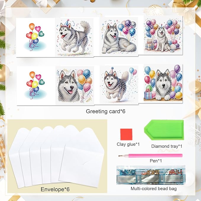 Tontut 6pcs Diamond Art Painting Kit Greeting Card, Balloon Puppy 5D DIY Diamond Handmade Holiday Glitter Greeting Card with Envelope, Holiday Gift Congratulation