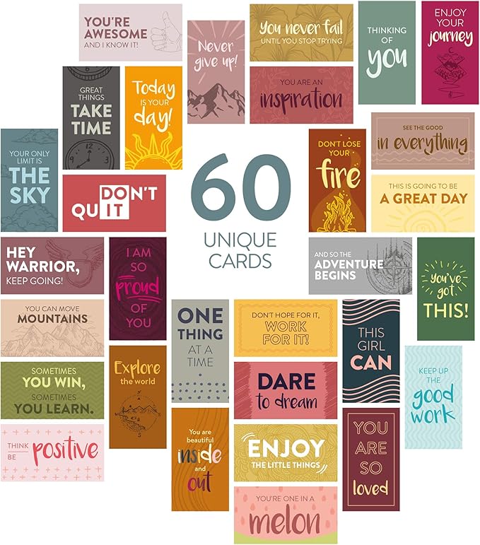 DIVERSEBEE 60 Pack Assorted Motivational Cards - Inspirational and Kindness Mini Note Cards, Gratitude Encouragement Card Set with 60 Unique Motivational Quotes Business Card Size (Assorted)