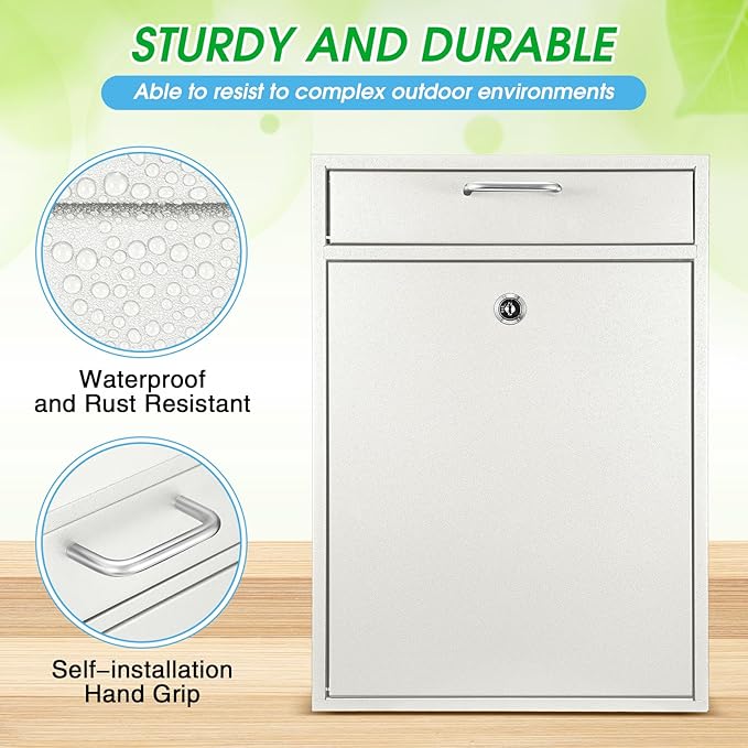 Locking Mailbox with Key for Outdoor 16.2 x 11.2 x 4.7 Inches Large Wall Mount Mail Box with Lock Security Mail Drop Metal Collection Boxes Hanging Secure Postbox(Creamy White)