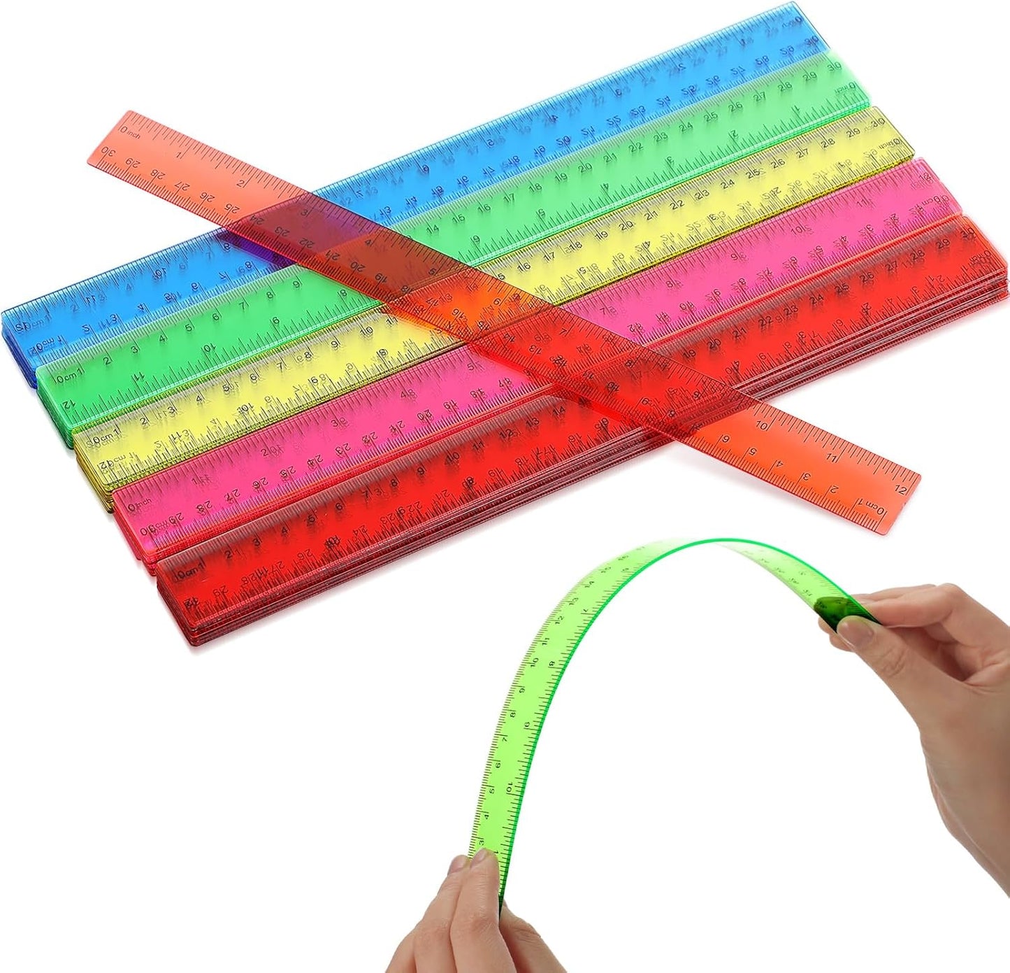Zonon 50 Pcs 6 Inch/12 Inch Plastic Rulers Bulk Flexible Straight Rulers with Inches Centimeters First Day of School Gift Students Back to School Office Home Supplies(Clear Colorful,12 Inch)