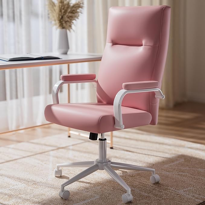 Pink Desk Chair, High Back Leather Executive Office Chair for Girl and Women, Adjustable Height Computer Desk Chairs with Wheels and Arms