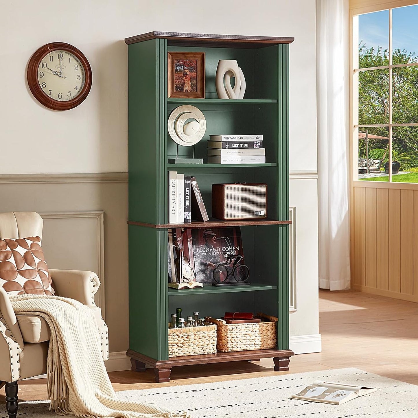 70" Tall Green Bookshelf,5 Tier Wooden Book Shelf with Adjustable Shelves & Wood Legs,Free Standing Farmhouse Bookcase with Open Display Storage,Vintage Bookshelves for Library,Classroom
