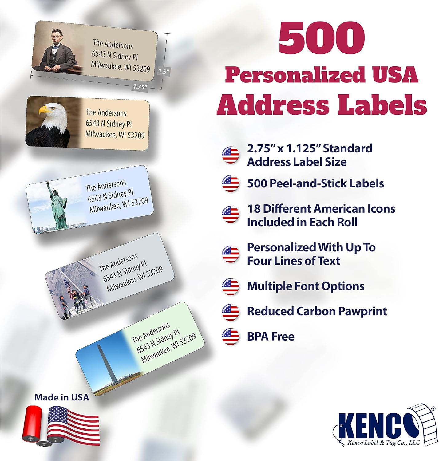 Customized Personalized Address Labels - Made in The USA by Kenco (500 Labels, All American)