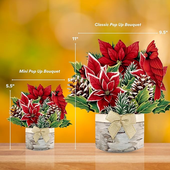 Freshcut Paper Pop Up Cards, Mini Birch Poinsettia, 6 Inch Mini Sized Forever Flower Bouquet 3D Popup Greeting Cards, Christmas Card, Holiday Card, Blank Notecard & Envelope