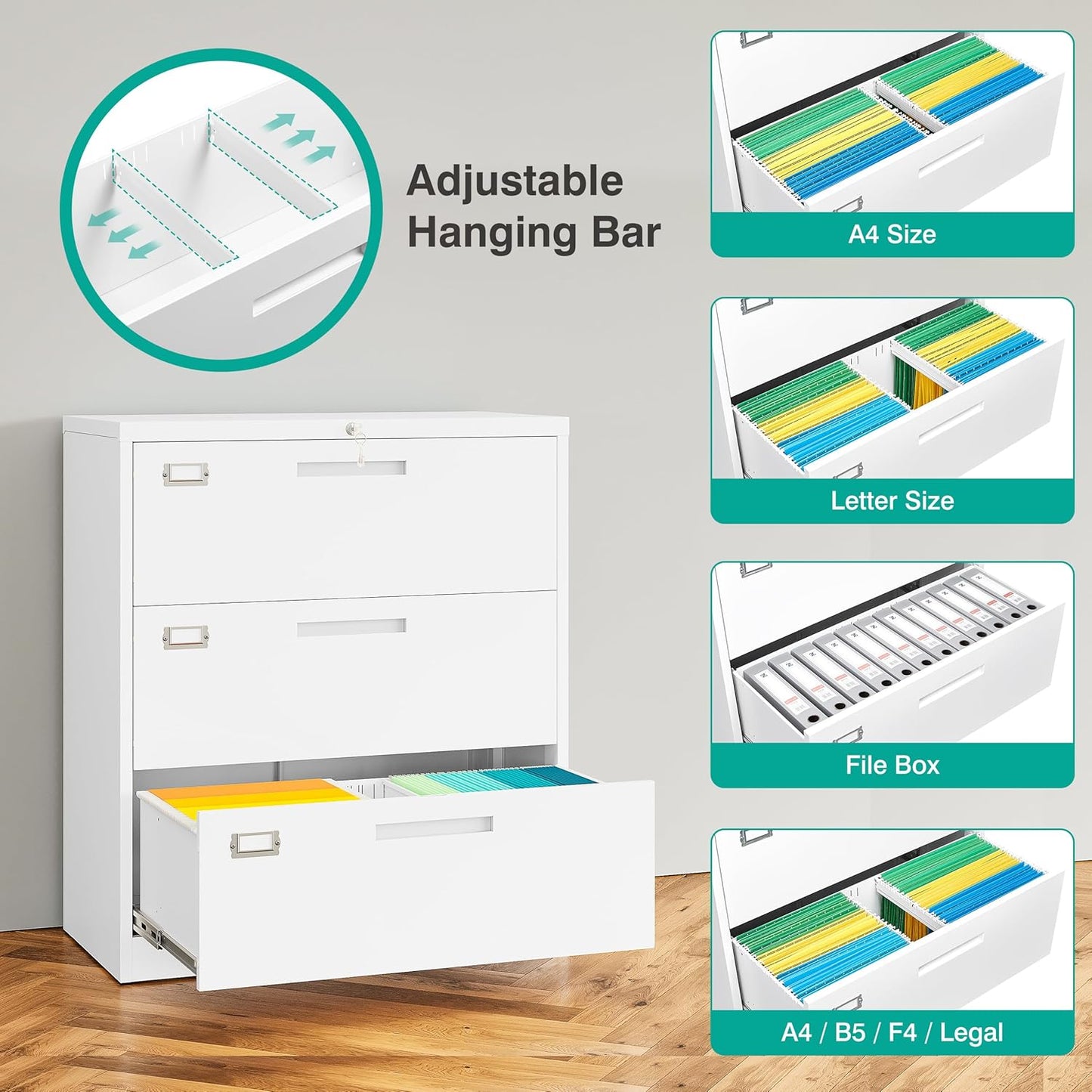 SISESOL 3 Drawer Lateral File Cabinet with Lock,White Lateral Filing Cabinet,Horizontal Metal Filing Cabinet,Locked Wide Three Drawer File Cabinet for Office Home,Fit A4/F4/Letter/Legal File