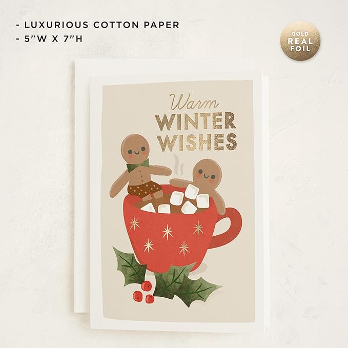 Minted Toasty Gingerbread Holiday Cards, 8 Cards with Envelopes, Folded 5x7 Christmas Cards with Hot Chocolate and Happy Gingerbread Men, Gold Foil-Pressed, Interior Message Included, Luxurious Paper