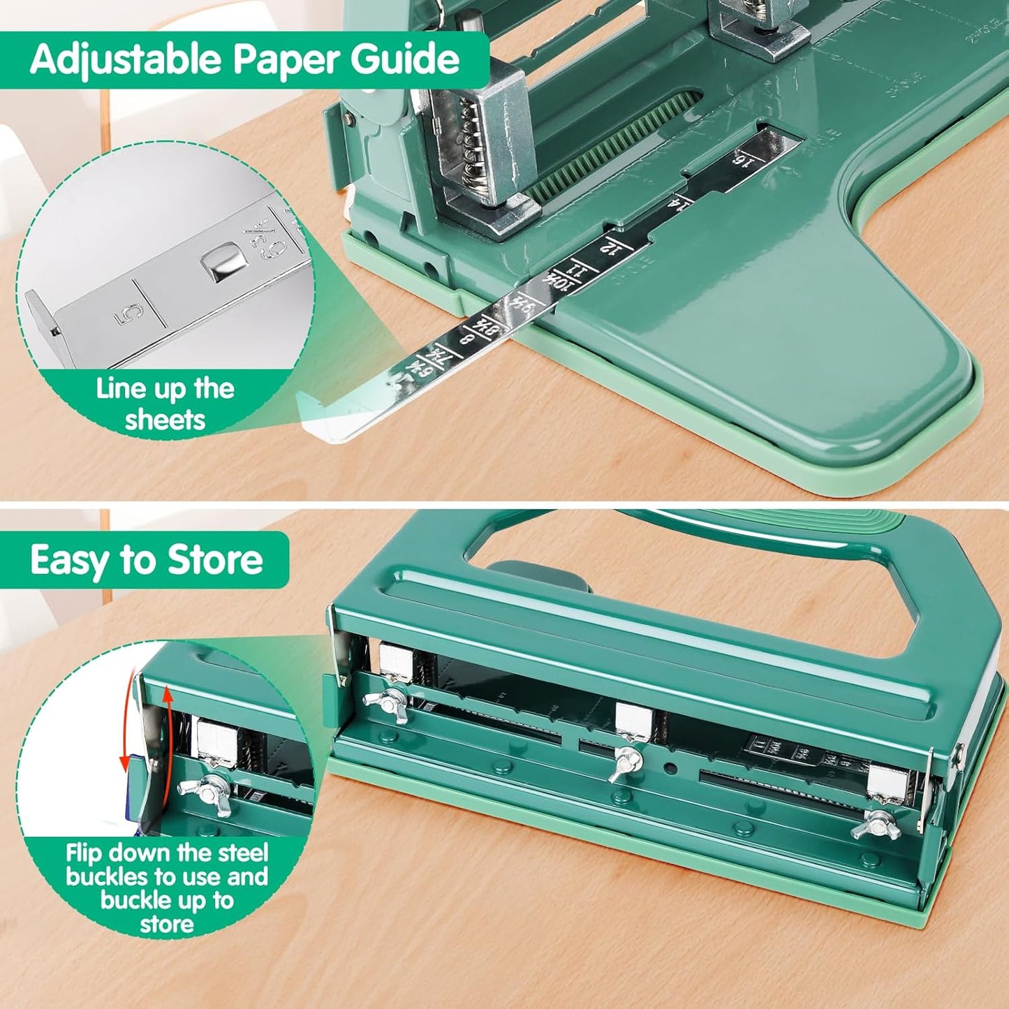AFMAT Heavy Duty 3 Hole Punch, 50-Sheet, 50% Reduced Effort, Adjustable Two & Three Hole Punch, Metal Paper Puncher w/Large Chip Tray, Metal Paper Guide, Green