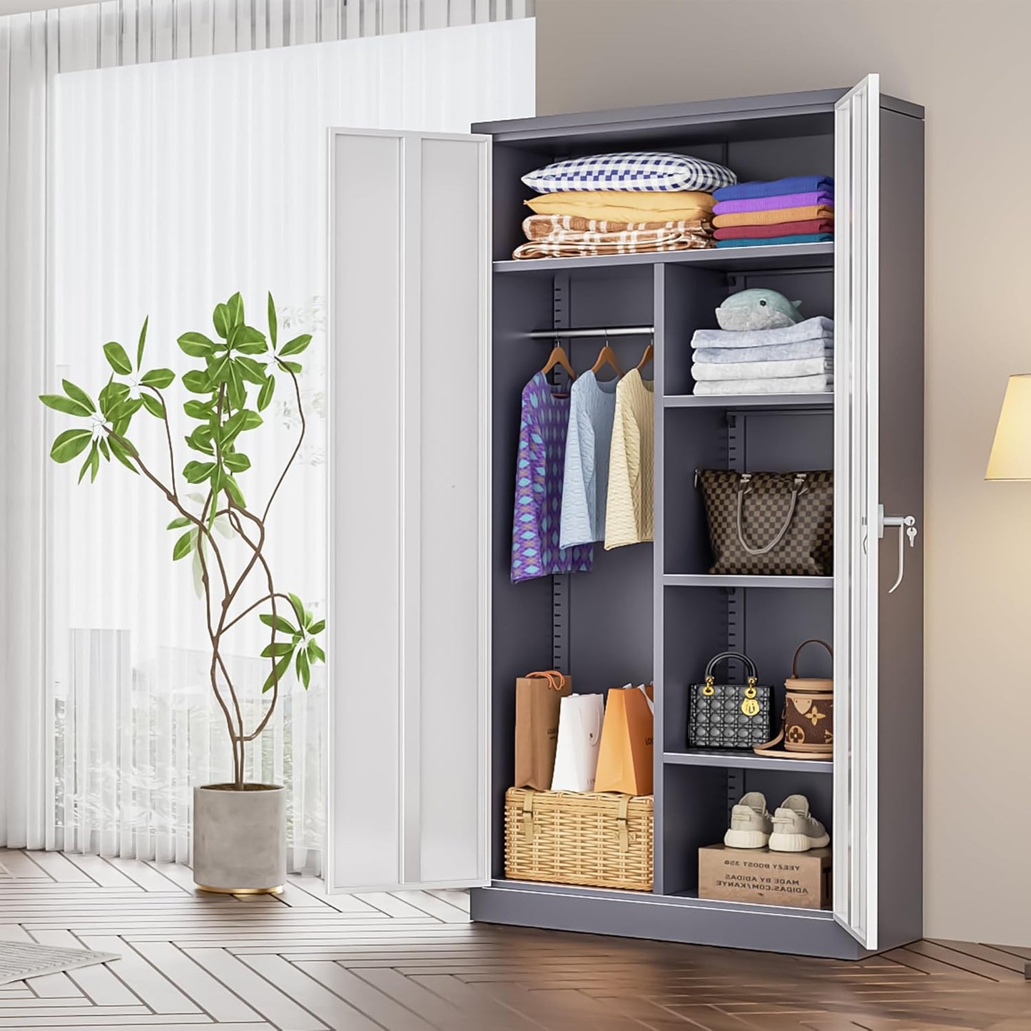 INTERGREAT Metal Storage Cabinet,72 Tall Armoire Wardrobe Closet with Doors,Grey White Storage Locker Cabinets with Adjustable Shelves and Removable Hanging Rods