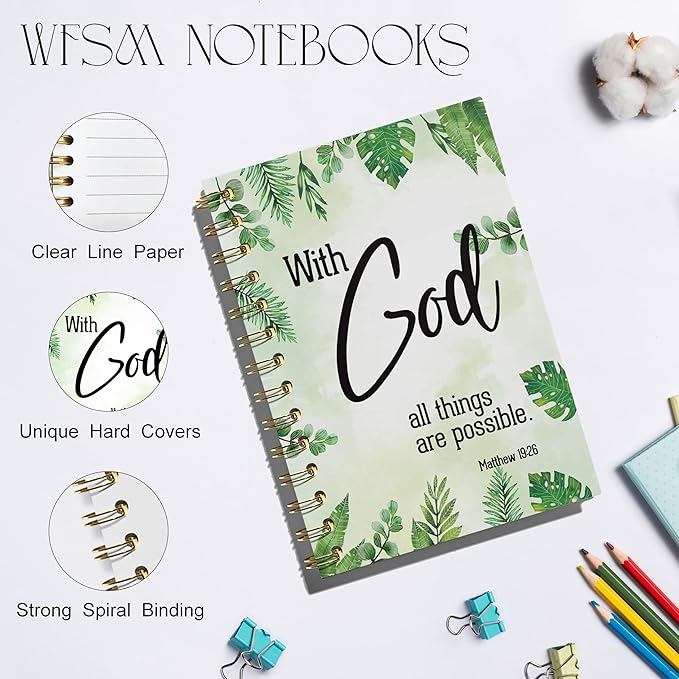 Inspirational Christian Notebook - With God All Things Are Possible Journal, Bible Verse Spiral Notebook, Christian Decor, Inspirational Christian Gifts, Gifts for Employees, 5.5x8.3 Inches
