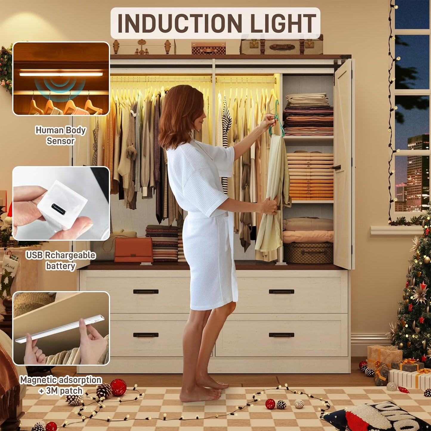 Farmhouse 4 Doors Armoire Wardrobe Closet w/Folding Sliding Barn Door and Lights, LED Armoire Closet w/Drawers for Bedroom, Freestanding Wooden Wardrobe Storage Closets w/Hanging Rod,Antique White