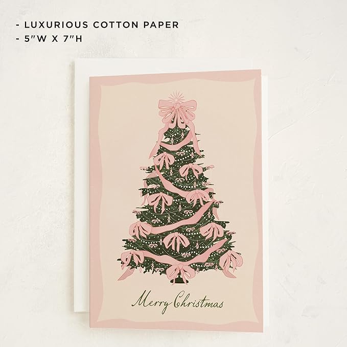 Minted Rococo Tree Christmas Cards, 8 Cards with Envelopes, Folded 5x7 Holiday Card with Pink Ribbon and Pearl Garland Christmas Tree, Vintage-Inspired Design, Luxurious Paper, Interior Message