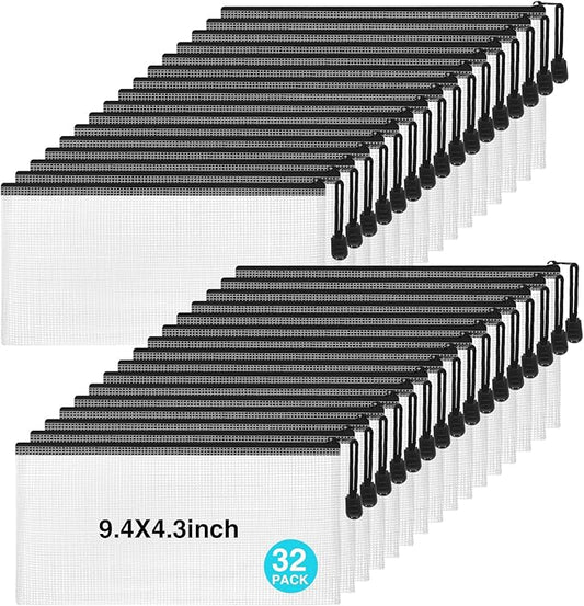 Jetec 32 Pcs Mesh Zipper Bags Toy Storage Bikini Organizer Bag Bolsas Para Guardar Trajes De Baño Waterproof Zipper Reusable Pouch Puzzle Multipurpose for Storage Office(Black,9.5 x 4.5 Inch)