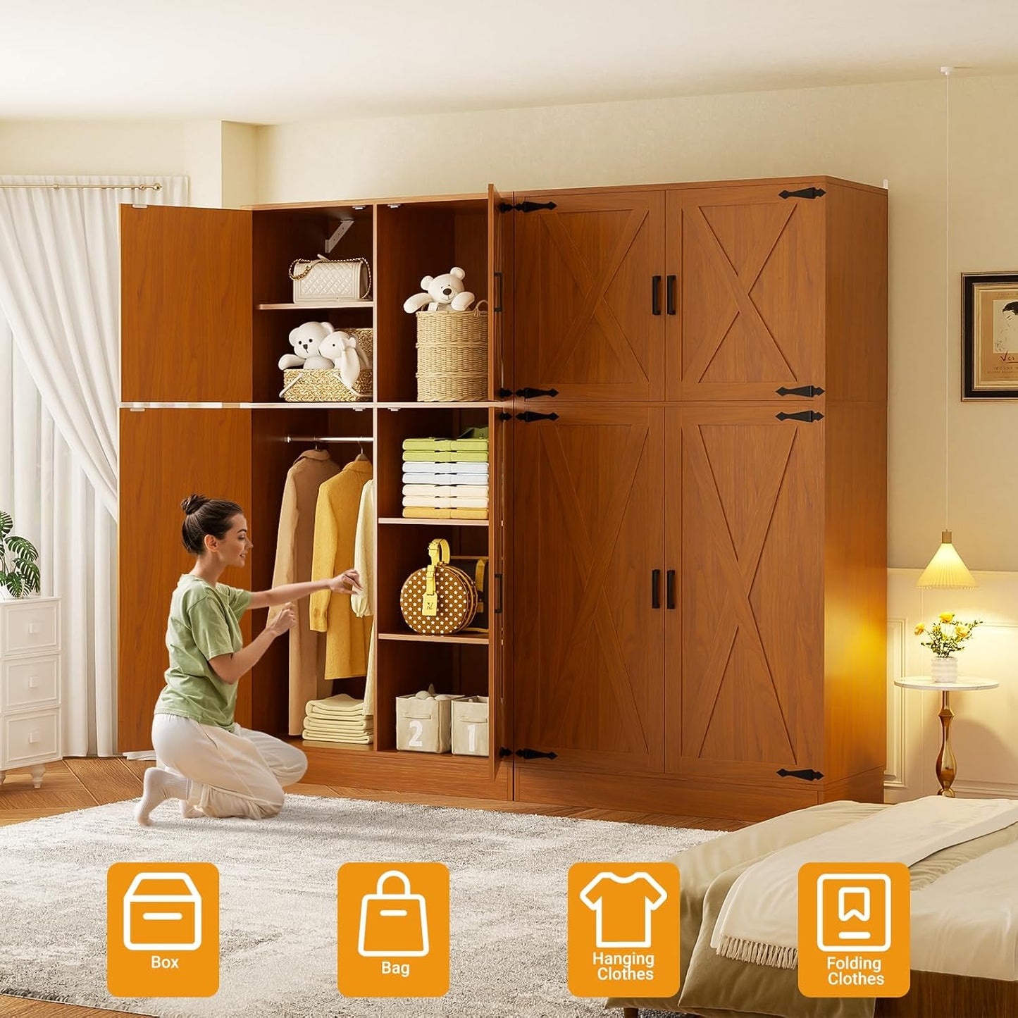 Unikito 71'' Farmhouse Wardrobe Closet with Hanging Rod, 4 Barn Door Storage Cabinet with Adjustable Shelves, Freestanding Closet Wardrobe Cabinet for Bedroom Living Room Office, Highland Oak